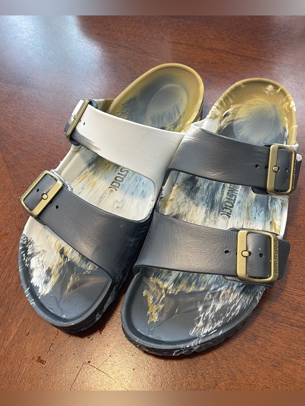 Birkenstock EVA Arizona Sandals Marbled Gray, White & Gold Size 9